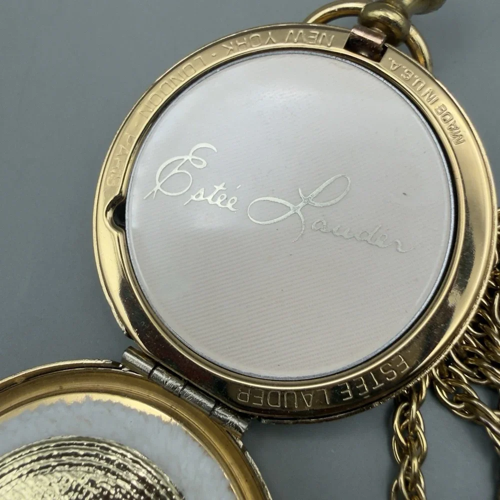 Estee Lauder Pocket Watch Compact Necklace Gold Tone Floral Scroll Face Powder